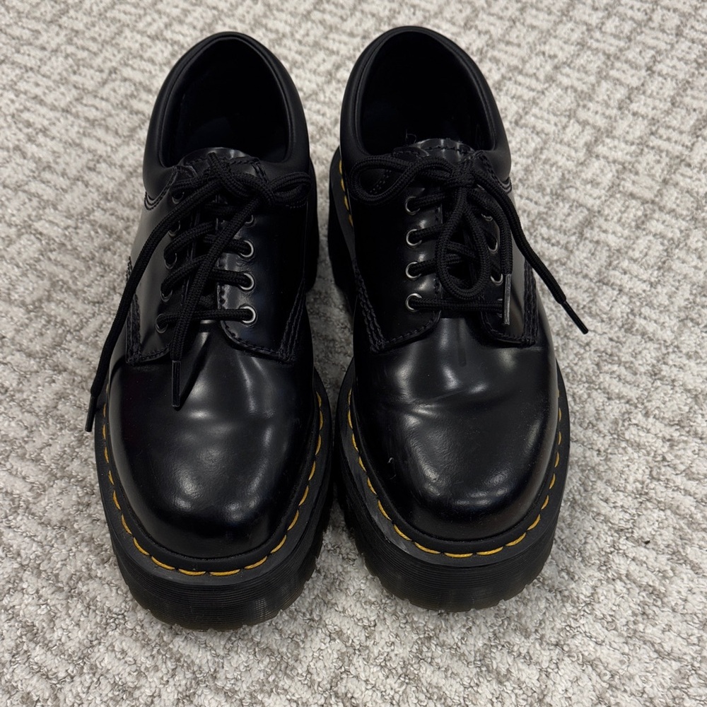 Dr. Martens Black 8053 Platform Leather Oxfords with Yellow Stitching